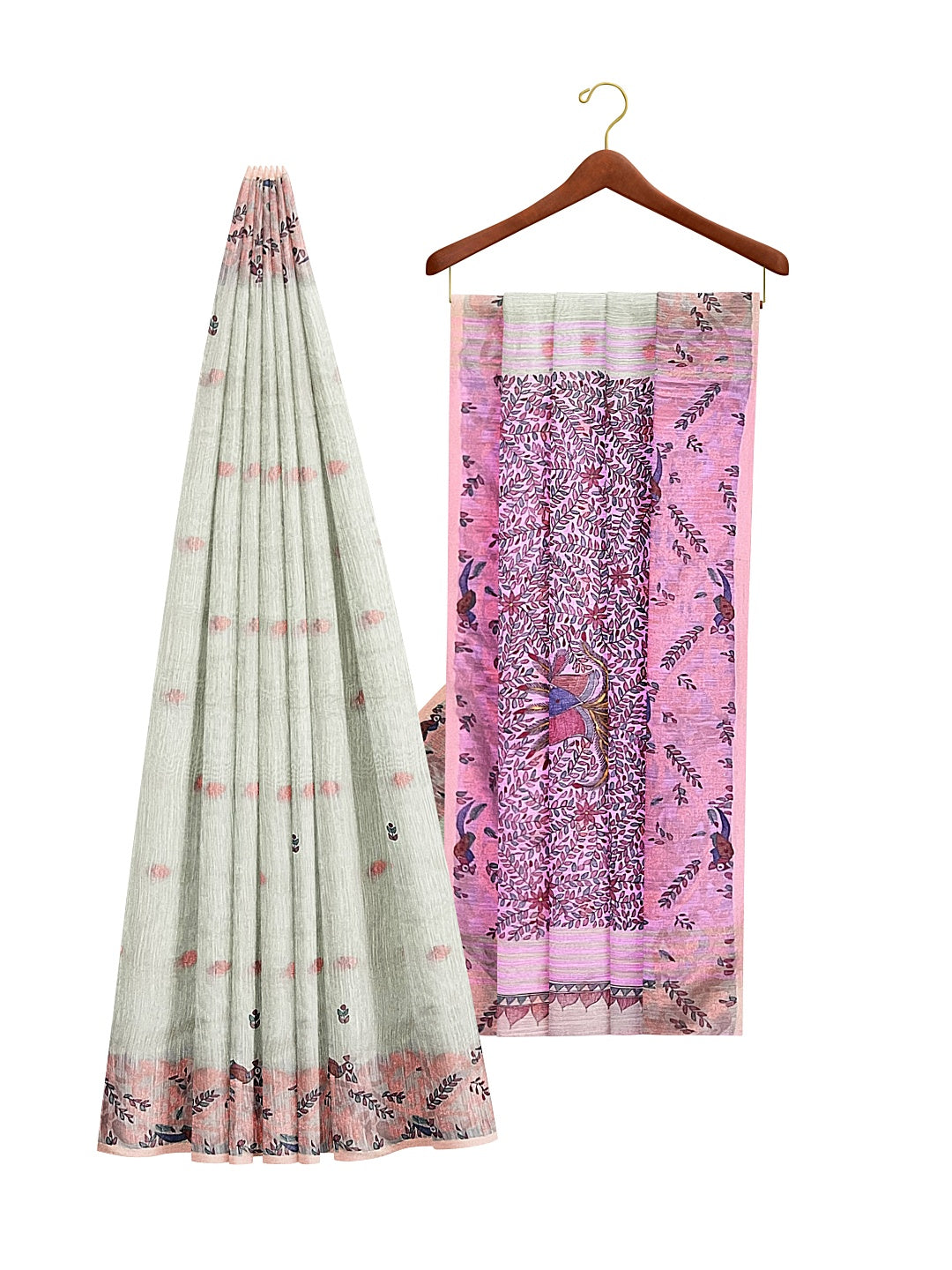 Jamdani Khadi Saree with Madhubani Art and Neem Zari